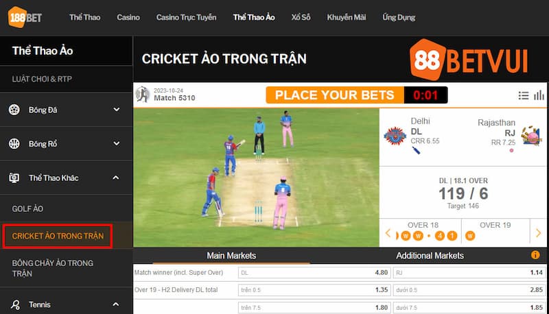 Bảng cược Cricket ảo tại 188Bet