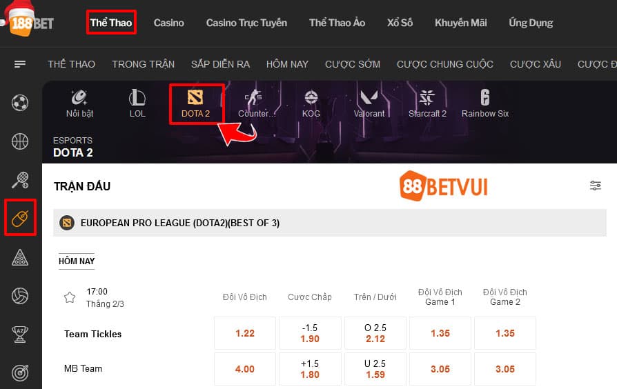 Bảng kèo dota 2 tại 188Bet