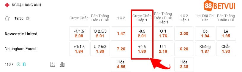 Kèo chấp trong trận Newcastle United và Nottingham Forest