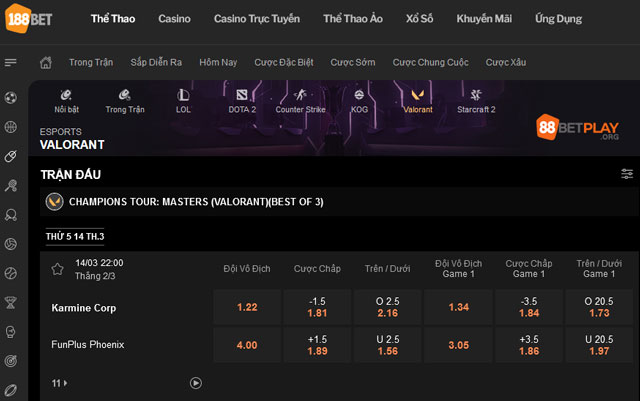 Bảng kèo Valorant tại 188Bet