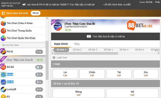 Giao diện game xổ số PK10 tại 88bet