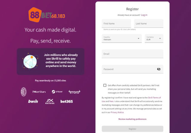 Giao diện đăng ký tài khoản Ví điện tử Skrill